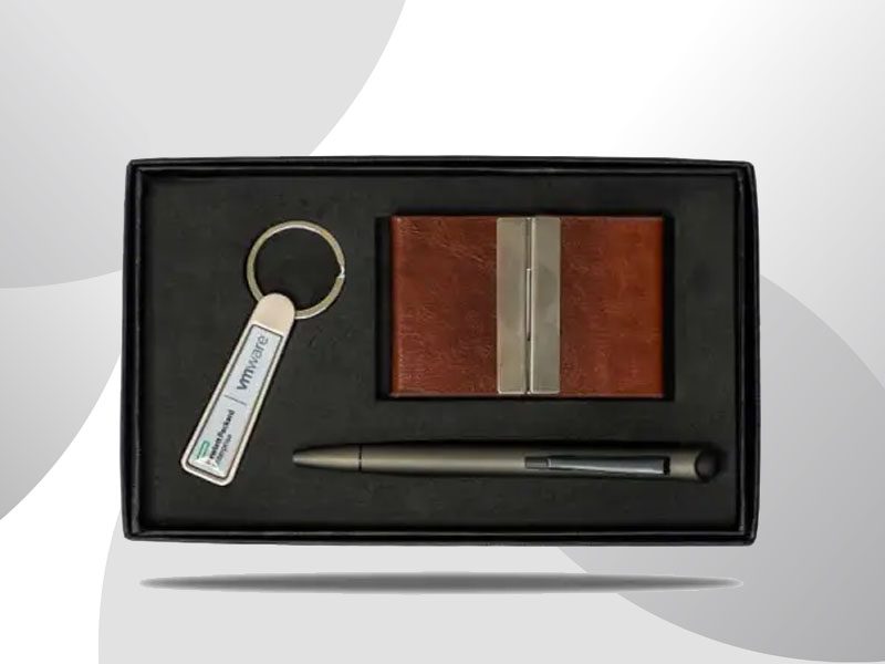 Flexet — Cardcase set With leatherette Card case metal body ball point pen & silver keychain